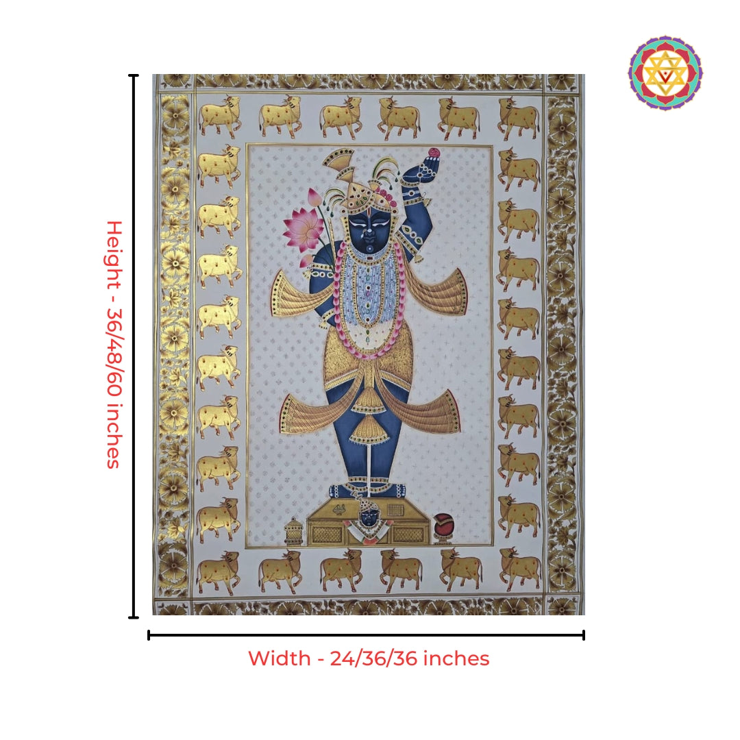 Shrinathji Pichwai depicting golden cows and intricate border