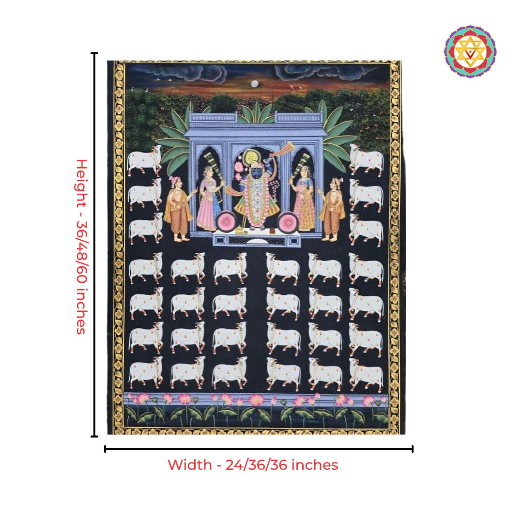 Shrinathji Pichwai painting with gopikas and sacred cows