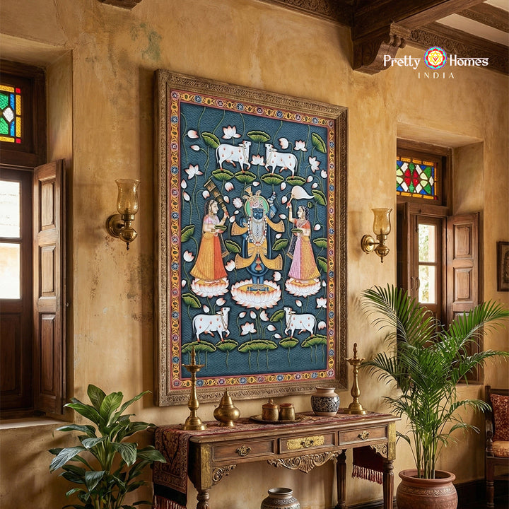 Handpainted Shrinathji Pichwai painting with Gopikas in lotus pond traditional devotional wall art