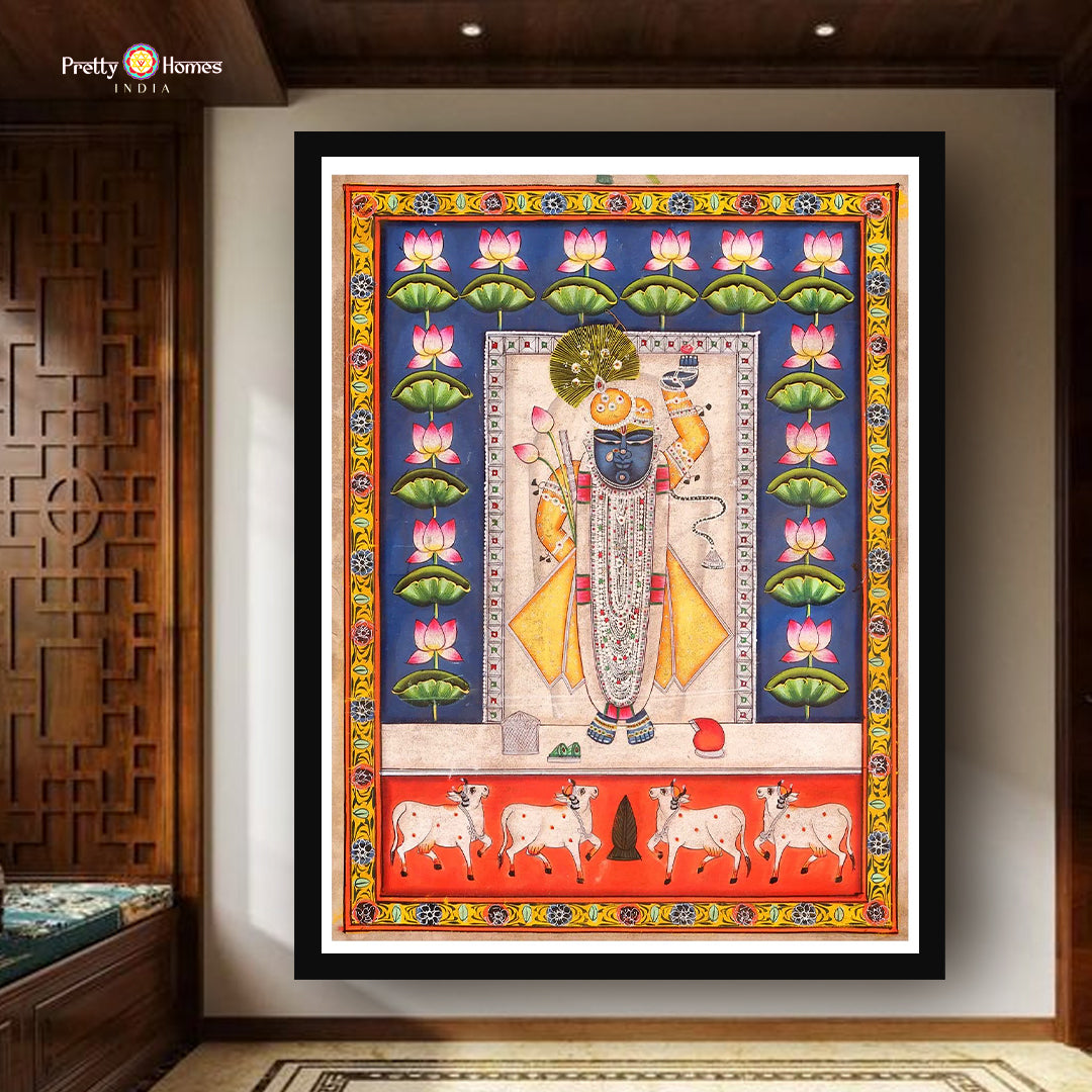 Handpainted Shrinathji Pichwai painting with lotus border