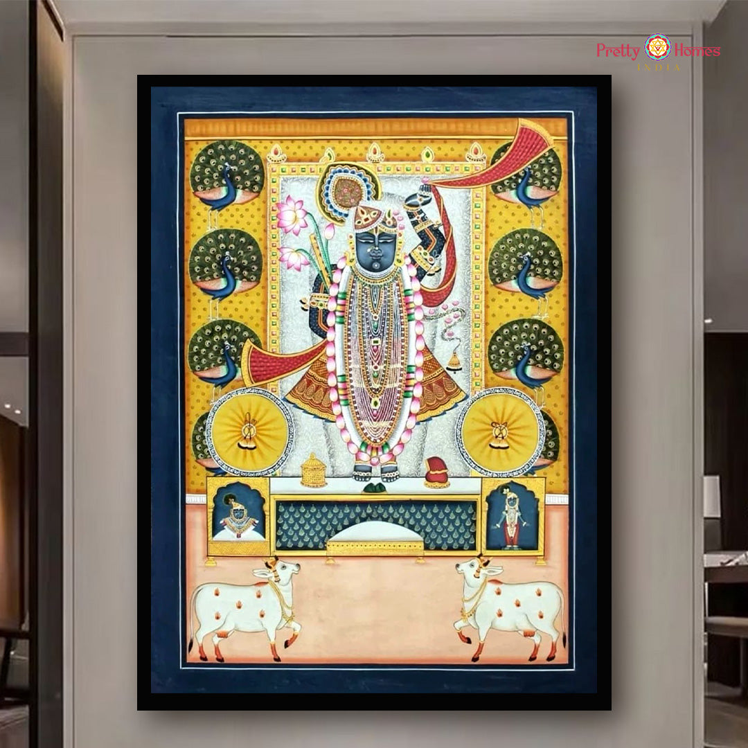 Handpainted Shrinathji Pichwai painting with peacocks and cows