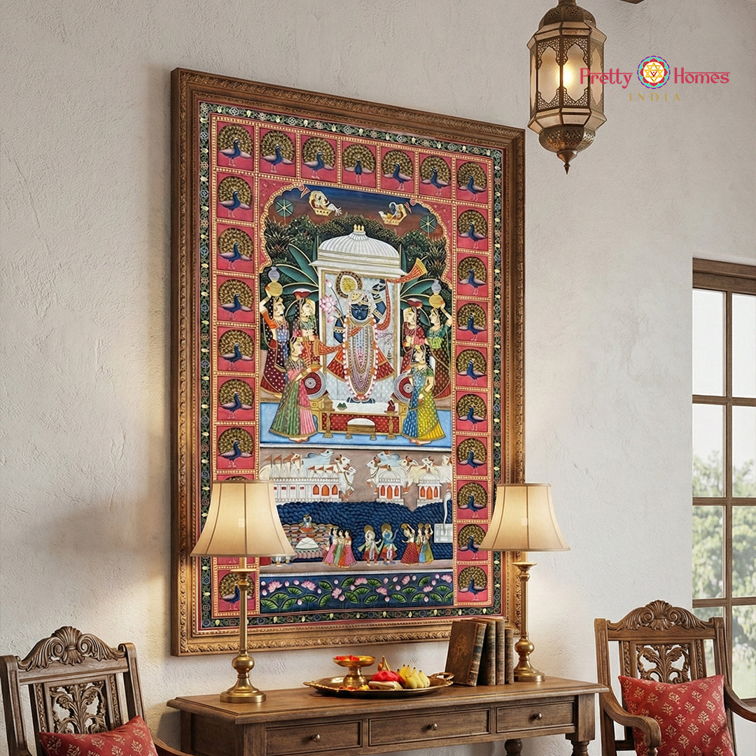 Large Shrinathji pichwai painting with gopikas and peacock border