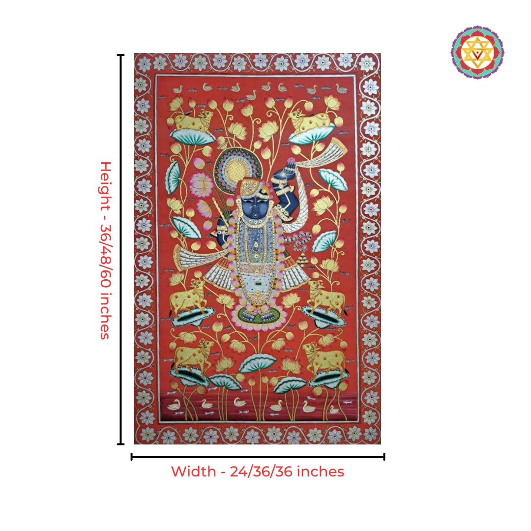 Handpainted Shrinathji Pichwai floral border and sacred cows