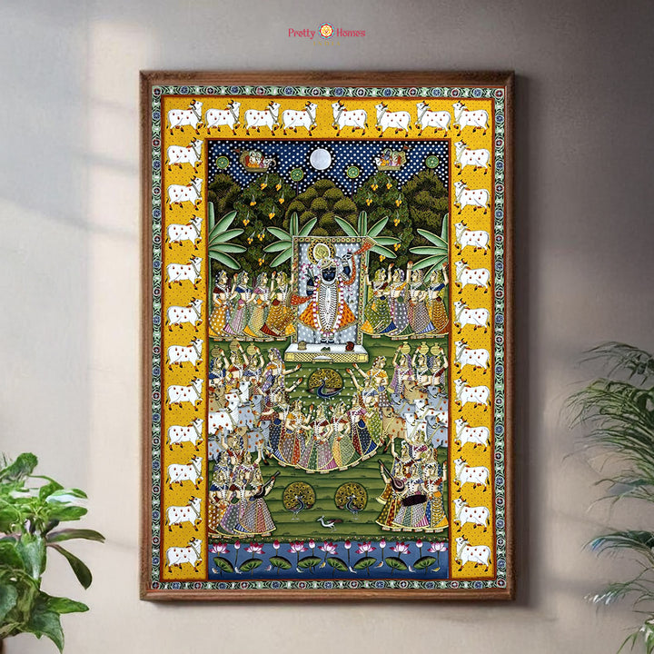 handpainted shrinathji pichwai wall art with gopikas and cows