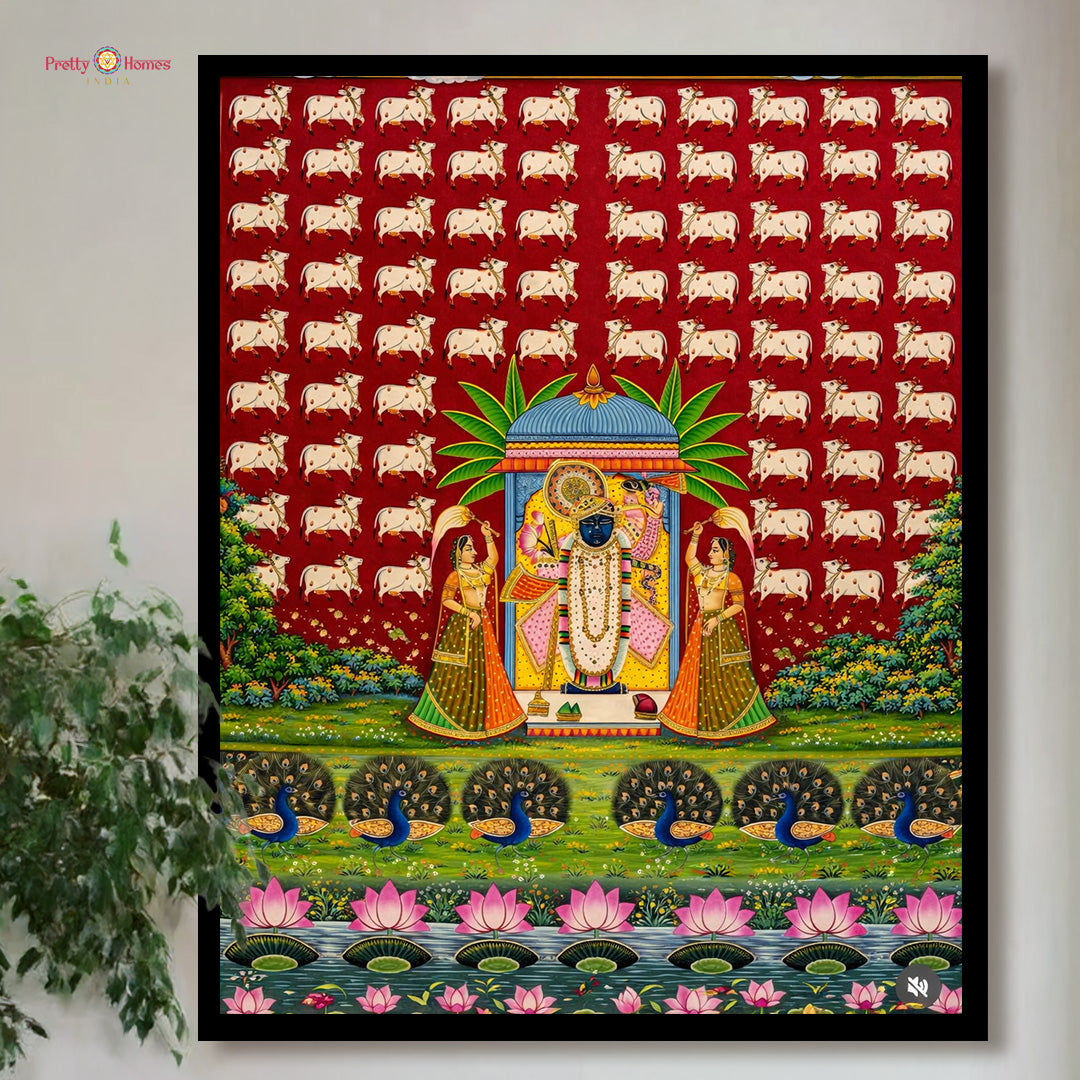 Handpainted Shrinathji Pichwai with Gopikas on red background