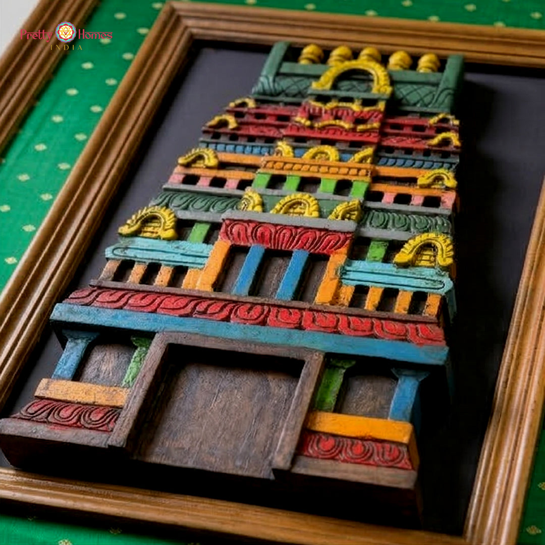 temple gopuram wall hanging with silk backdrop frame