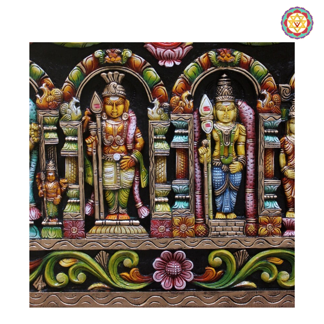Detailed view of Lord Murugan sculpture panel with traditional heritage motifs