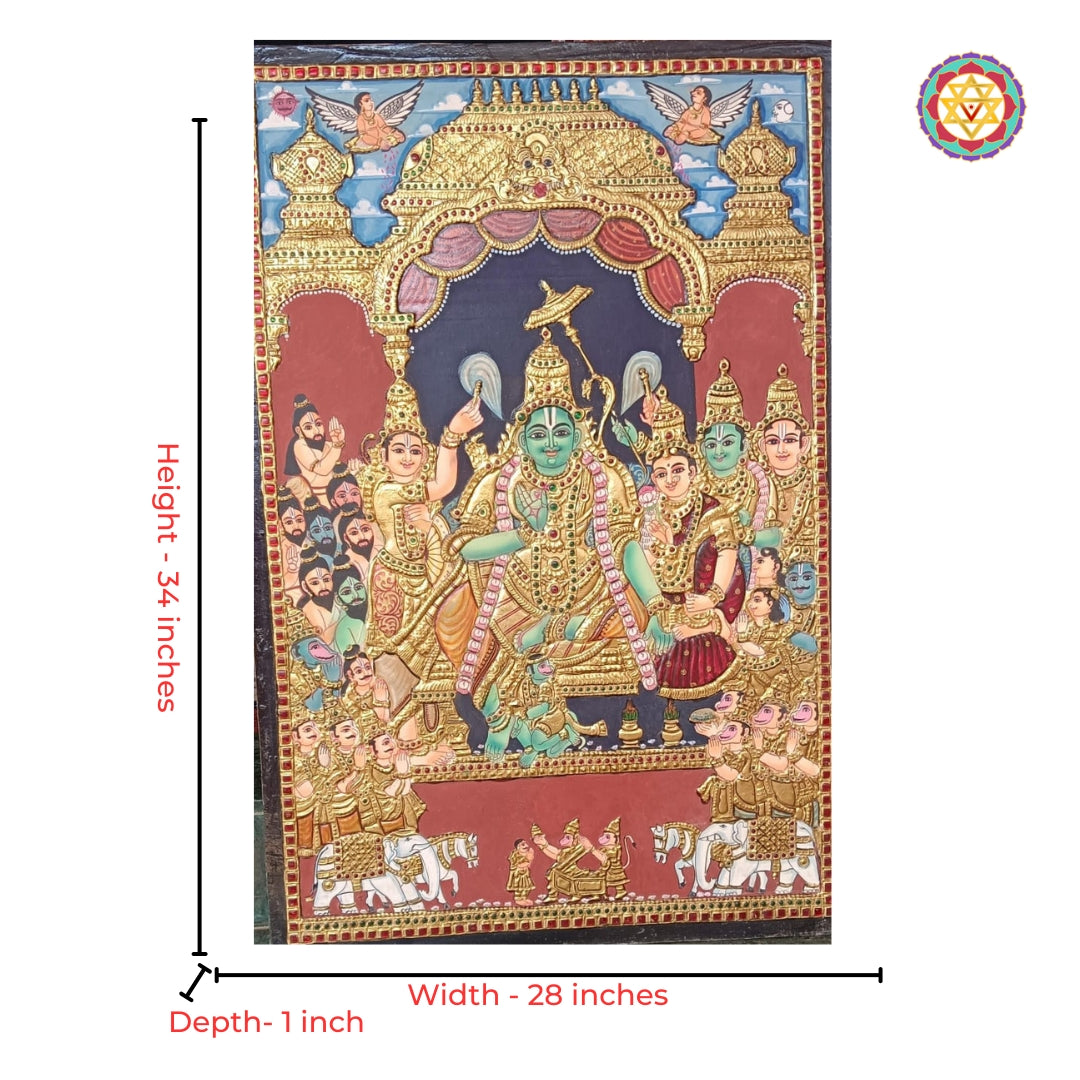 Framed Lord Ram coronation Tanjore painting with traditional teakwood frame