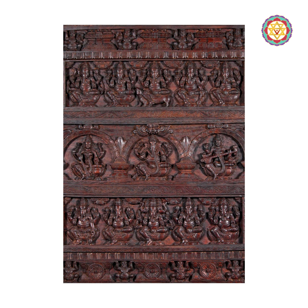 Hand-Carved Ganesh Lakshmi Saraswati 48 inch wall frame