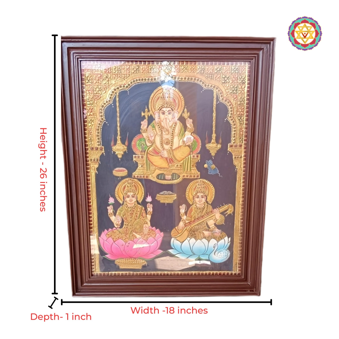 Intricate gold relief work on Ganesh Lakshmi Saraswati Tanjore art