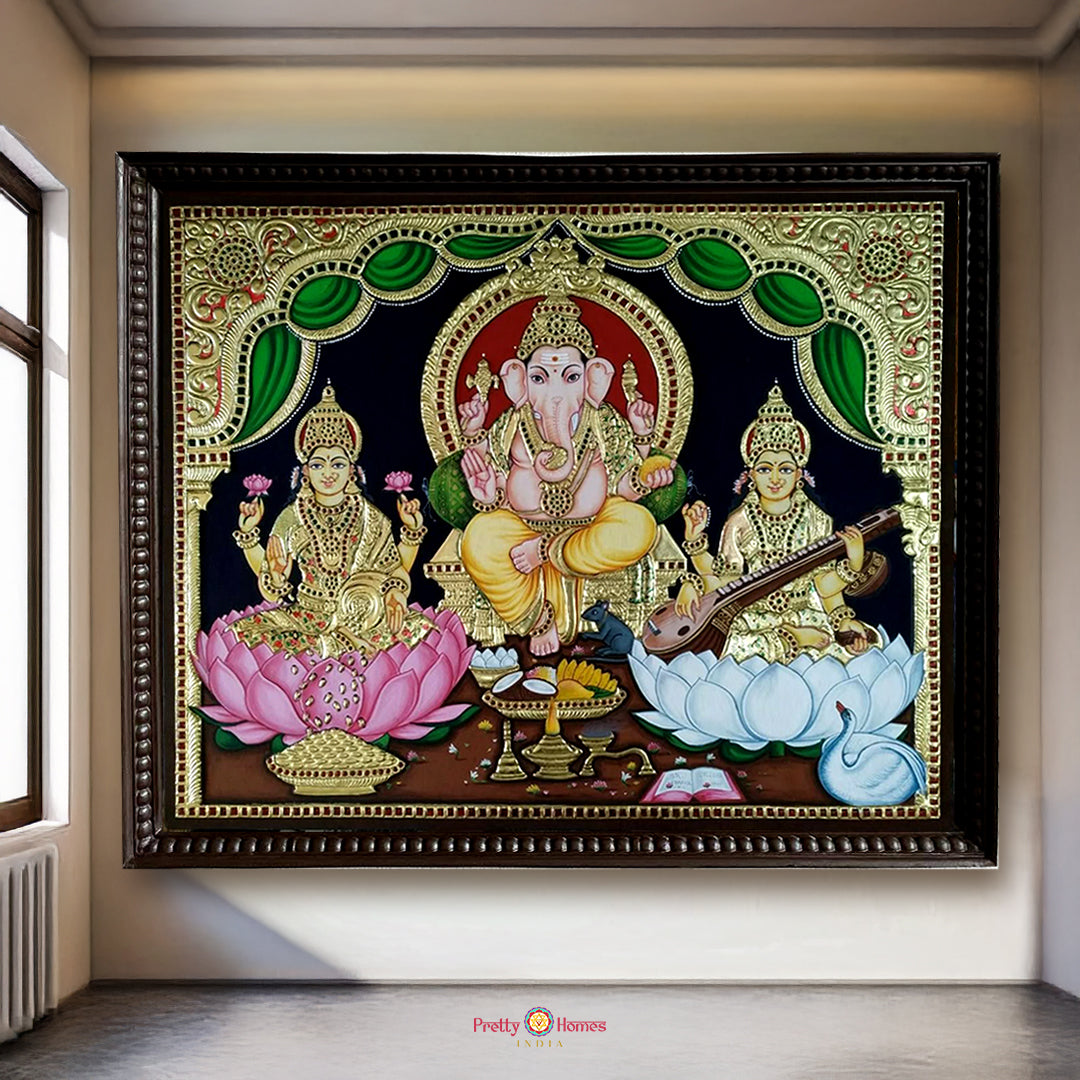 ganesh lakshmi saraswati god idol gold foil artwork
