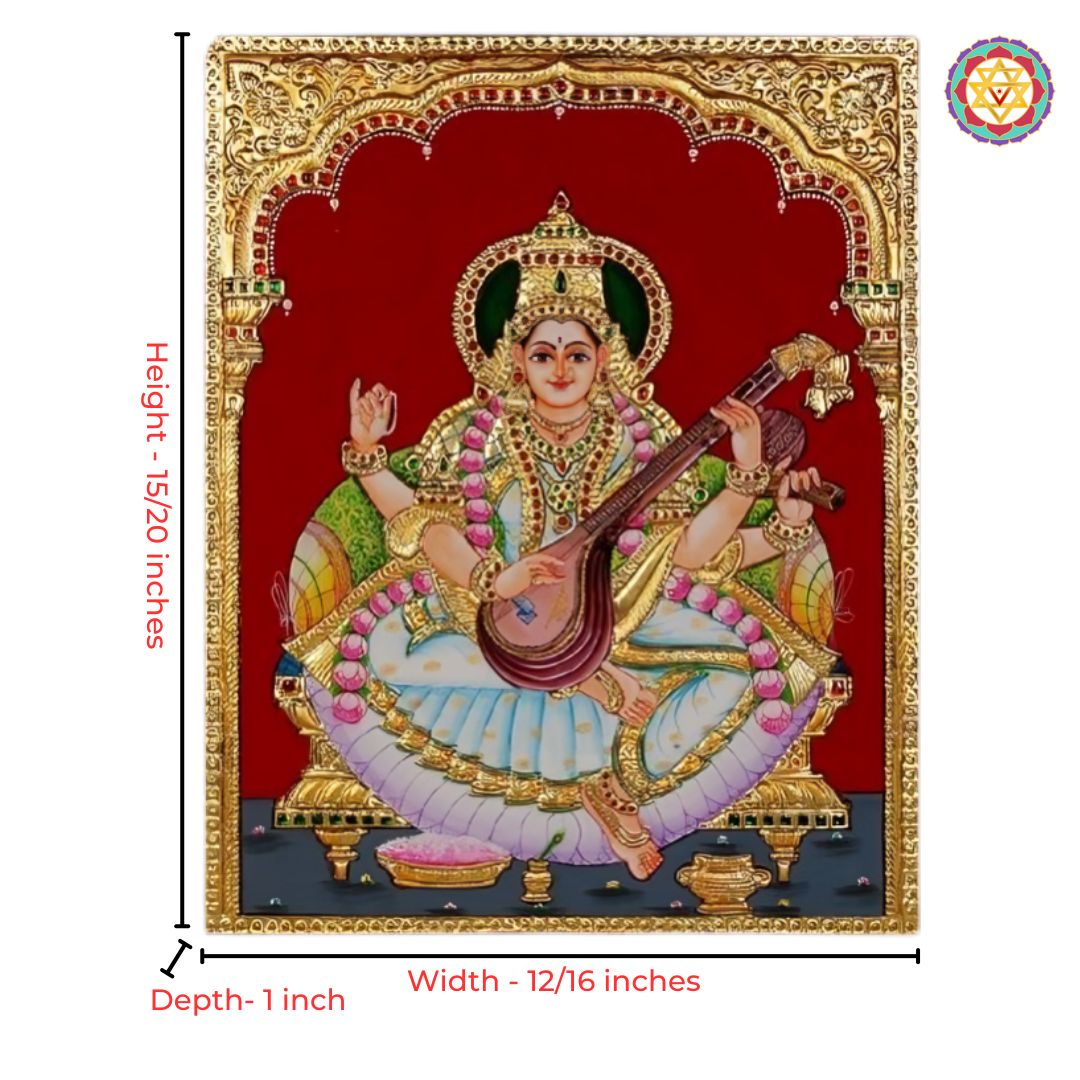 Tanjore painting of Saraswati with 22 carat gold foil.