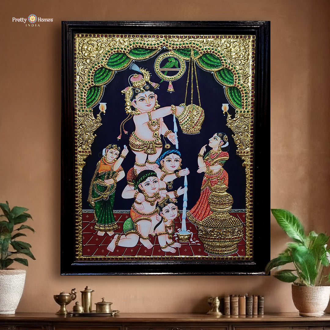 makhan chor krishna god idol gold foil tanjore painting