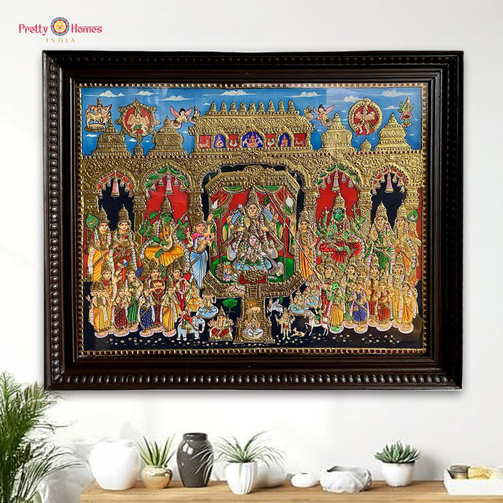 Tanjore painting of Rajarajeshwari crafted with 22K gold foil in traditional style.