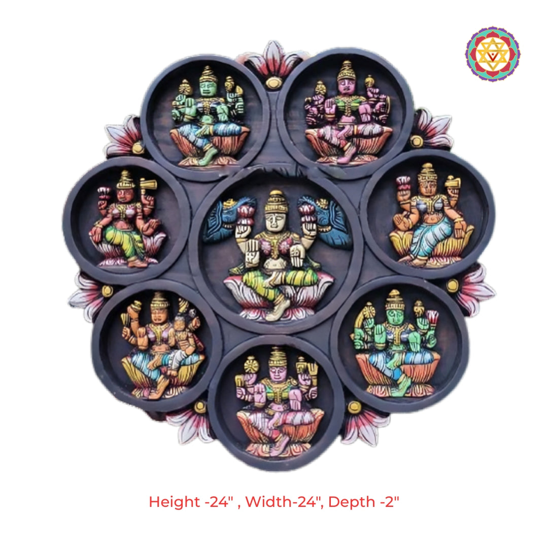 Full view of divine Ashta Lakshmi round temple-style wooden wall panel