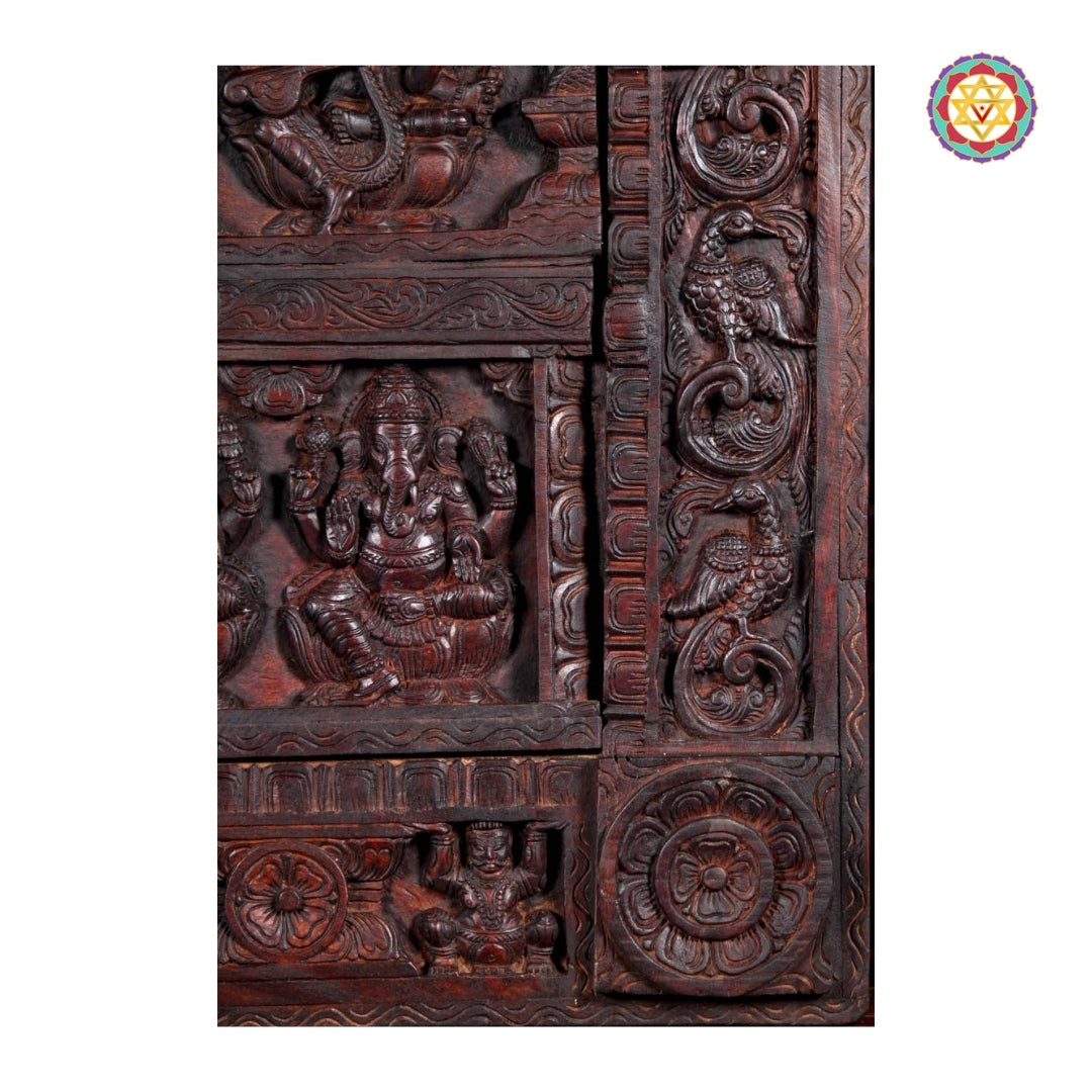Large Hand-Carved Ganesh–Lakshmi–Saraswati Wall Frame in Teak Wood