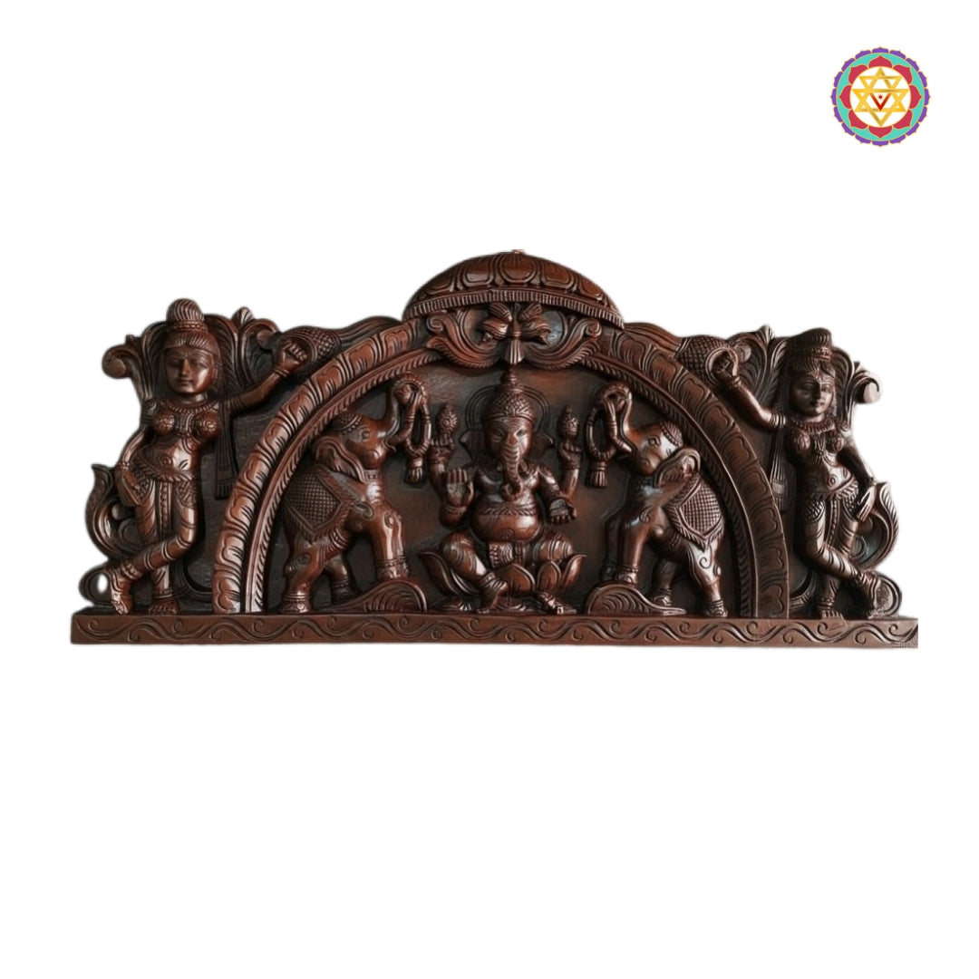 Teak wood Gajaganesh wall decor with worshippers