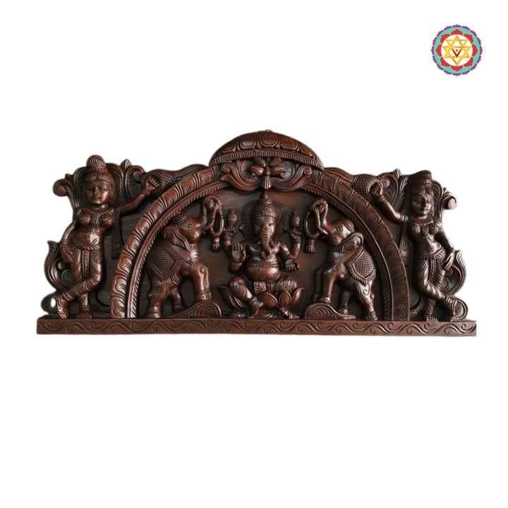 Teak wood Gajaganesh wall decor with worshippers