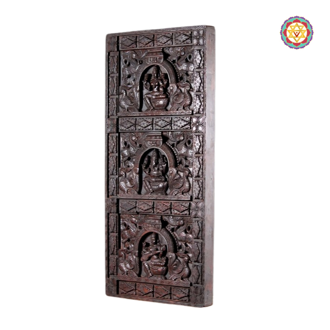 Teak Wood Vertical Ganesh–Lakshmi–Saraswati Decorative Wall Panels