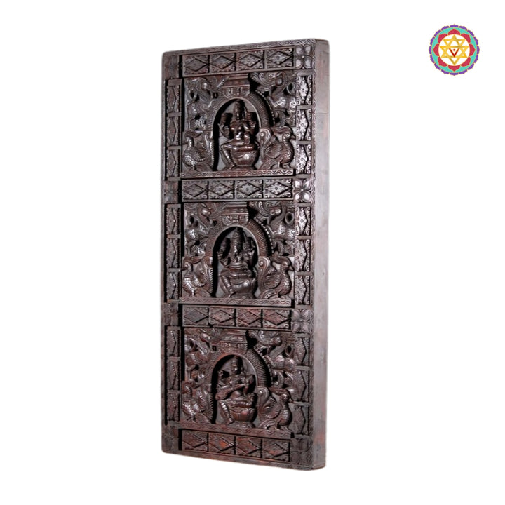 Teak Wood Vertical Ganesh–Lakshmi–Saraswati Decorative Wall Panels