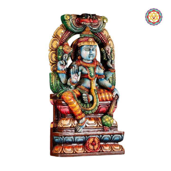 Sitting Vishnu Wooden Sculpture in Prabhavali Design