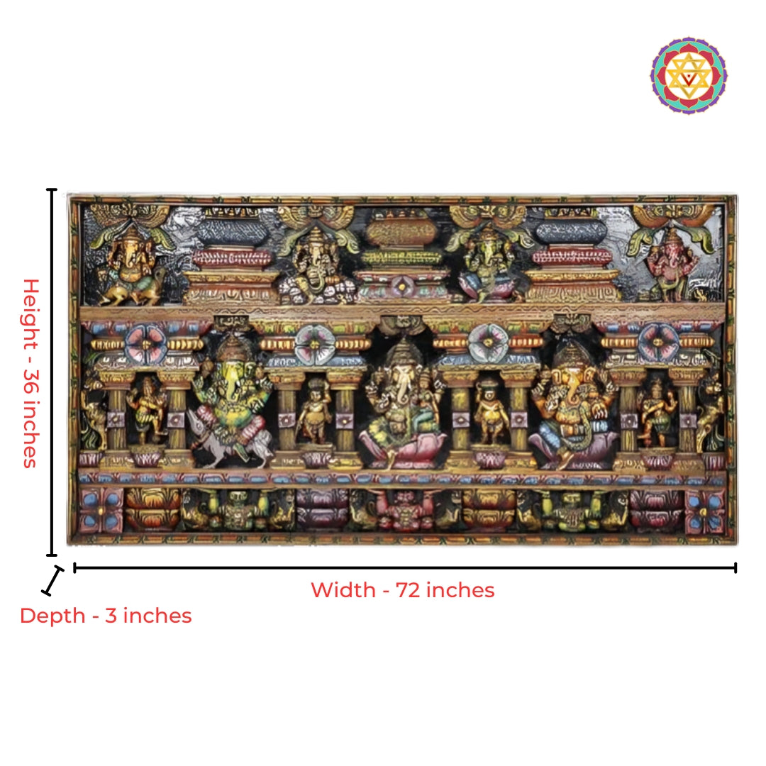 Fine carved temple motifs surrounding Lord Ganesha in statement wall panel