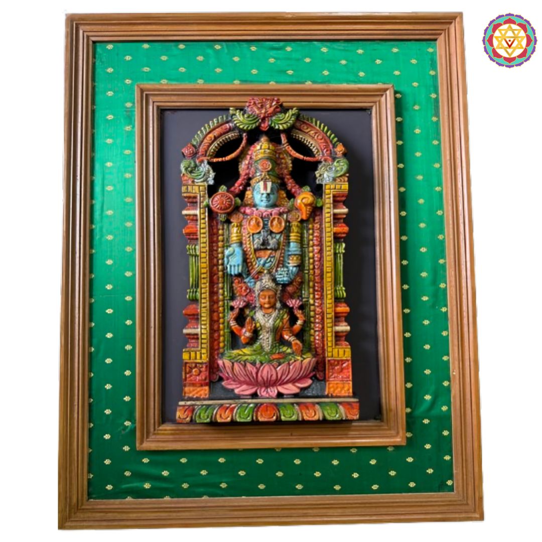 tirupati balaji lakshmi wooden wall hanging with green silk backdrop
