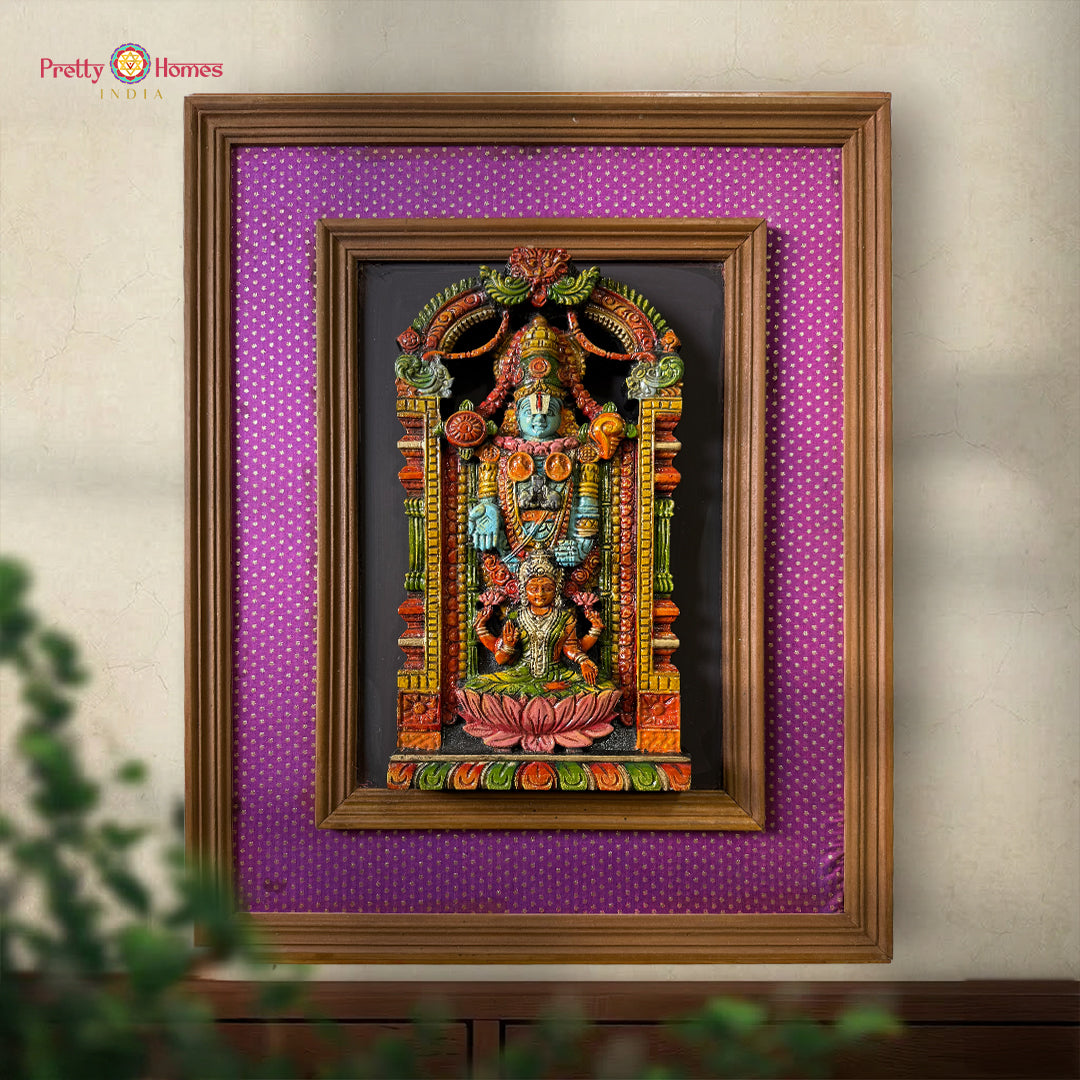 tirupati balaji lakshmi wooden wall hanging with golden frame