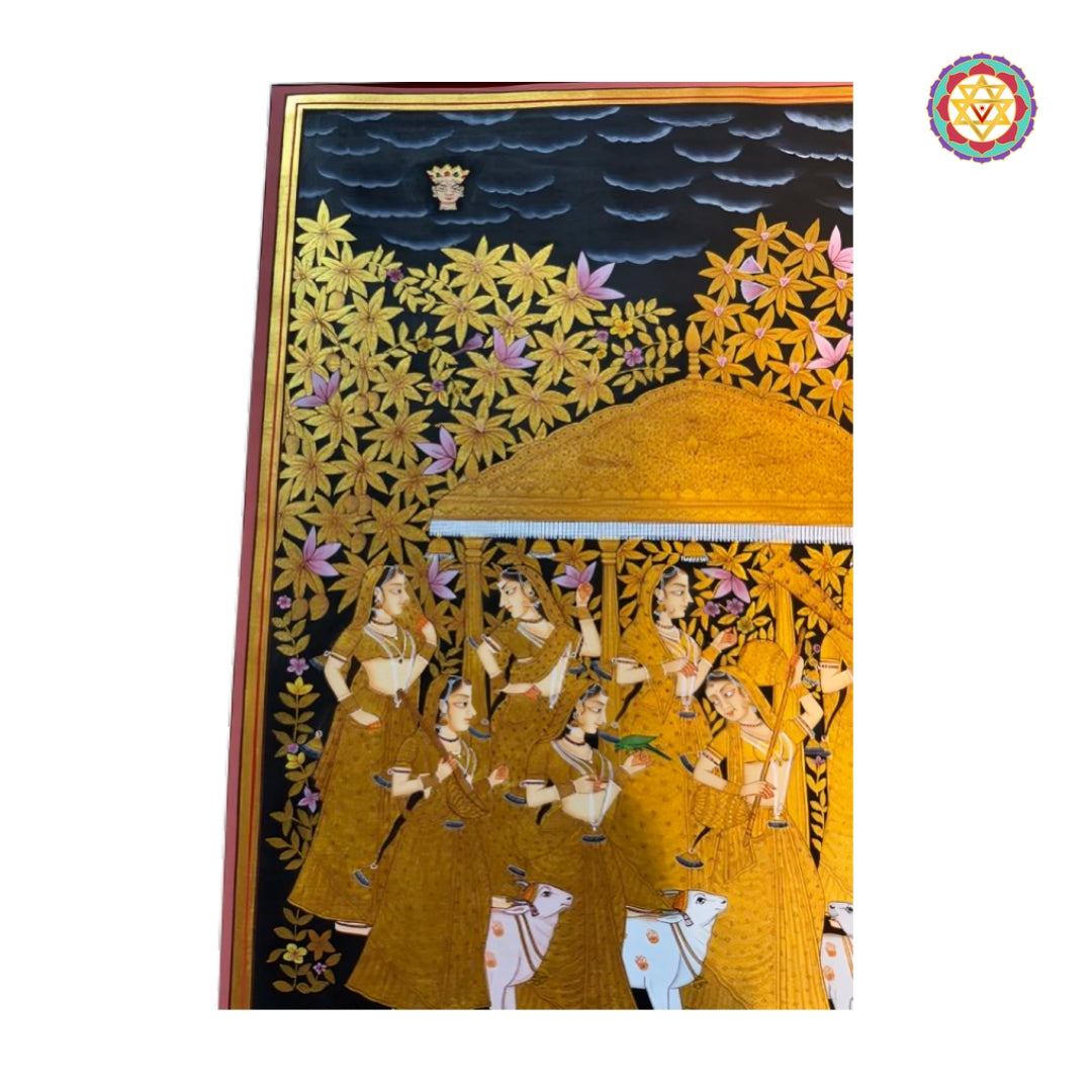 Real gold heritage style Pichwai painting of musical apsaras for premium Indian interior decor