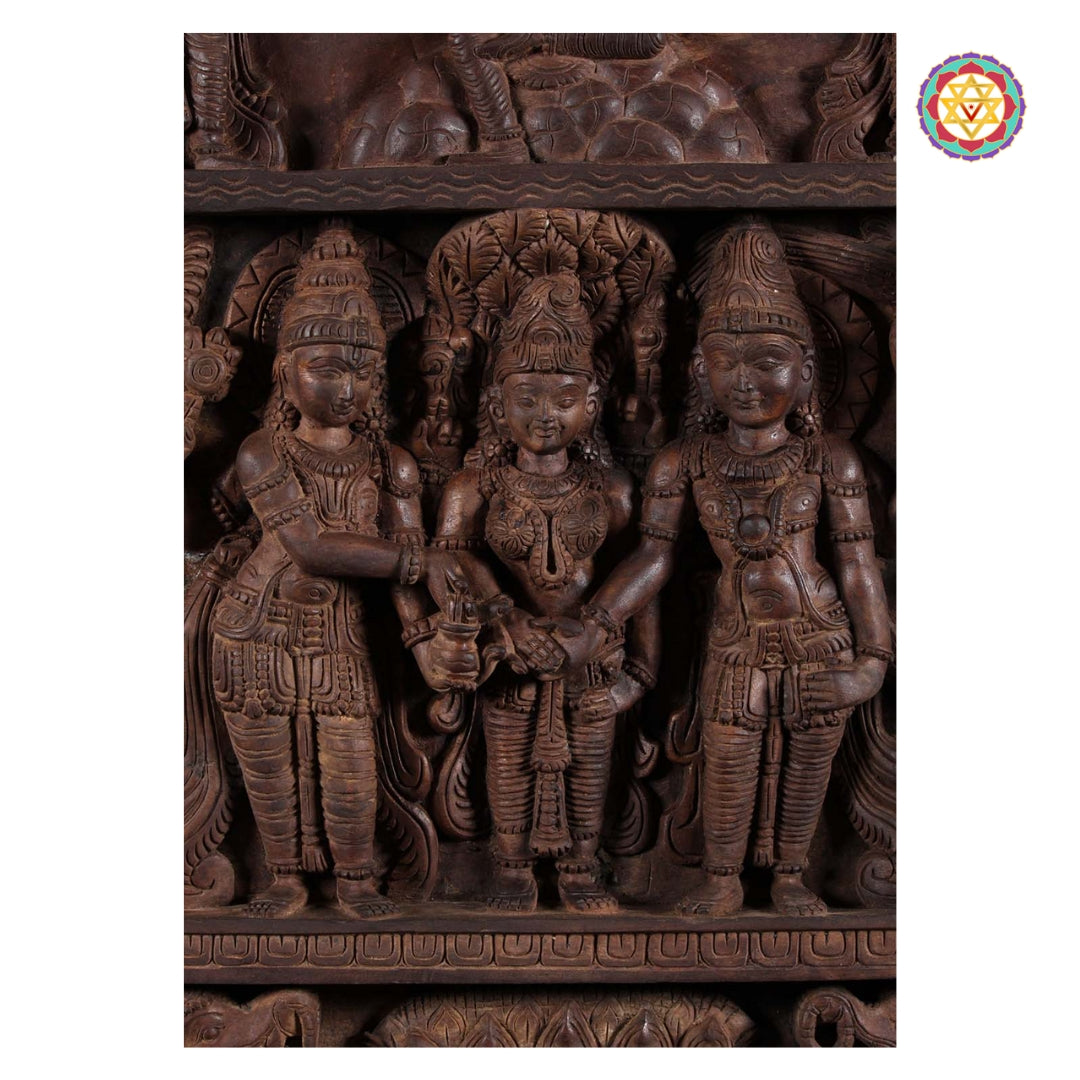 Exquisitely carved teak wood Shiva Parvati Meenakshi Kalyanam panel with gods and elephants