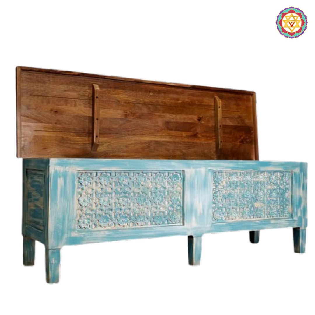 Detailed wooden 2-in-1 storage trunk and console table featuring traditional Indian carvings.