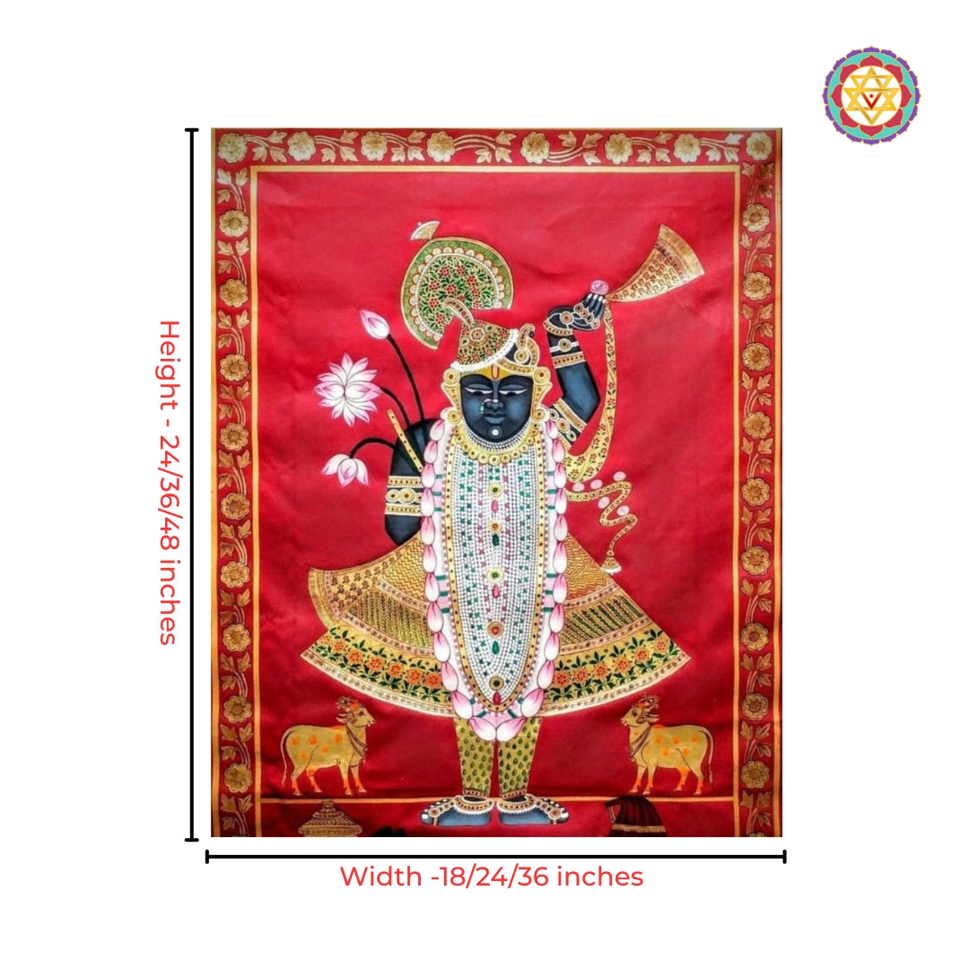 Crimson traditional Shrinathji Pichwai art detailing