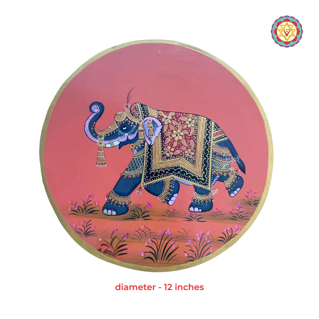 Embossed style royal elephant Pichwai decorative wall plate handcrafted heritage artwork