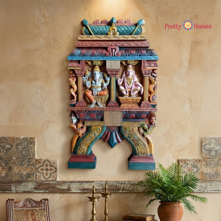Hand carved Ganesha Lakshmi Kavadi wooden wall panel for pooja room traditional temple decor