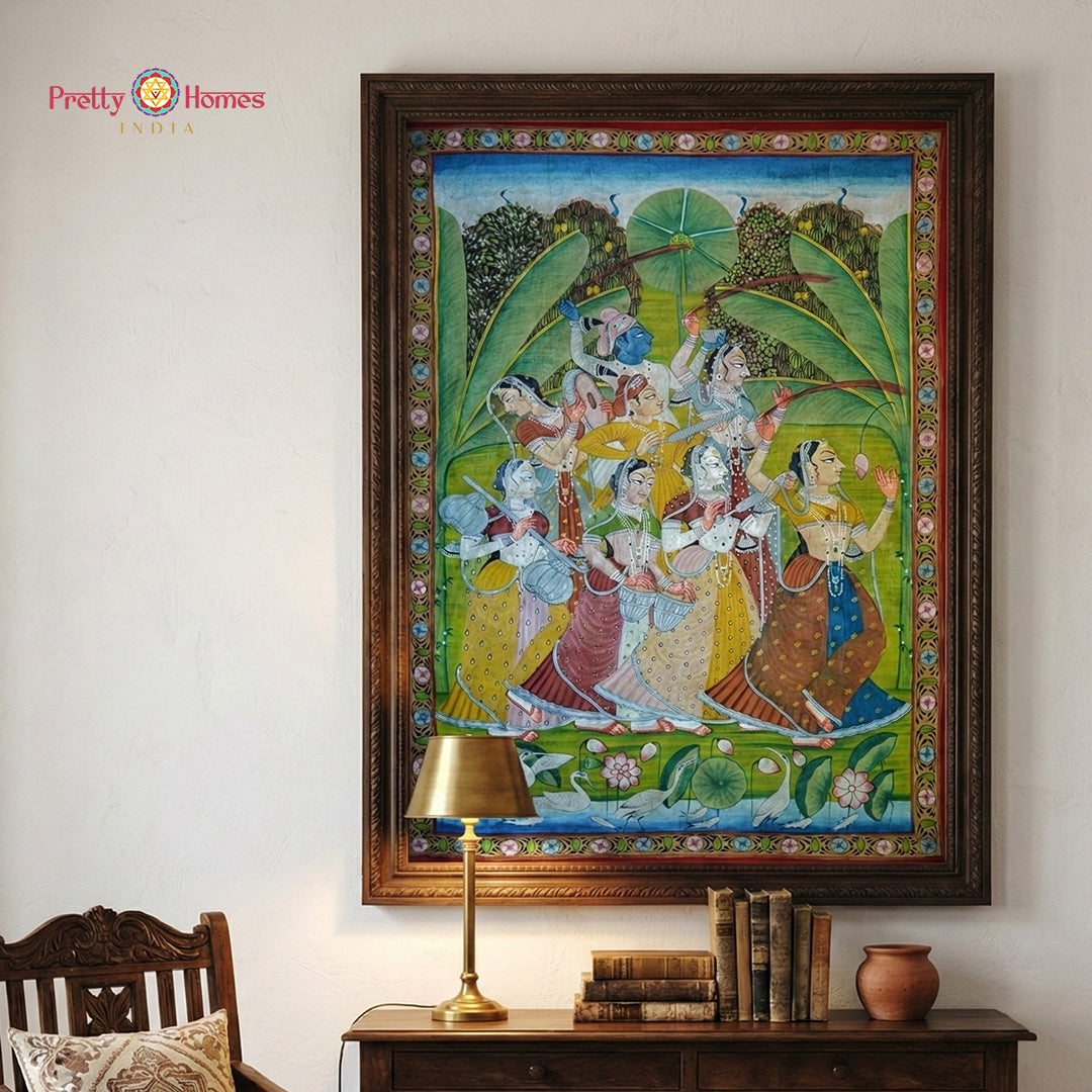 Vintage pichwai painting of gopikas playing Holi in garden scenery