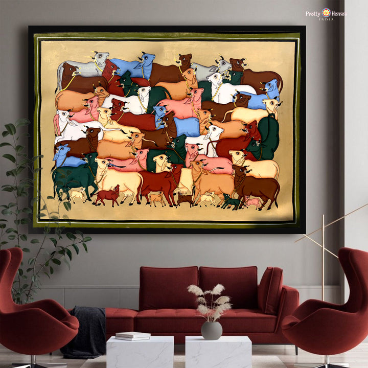 Handpainted Pichwai wall art featuring aesthetic group of sacred cows traditional Indian devotional decor
