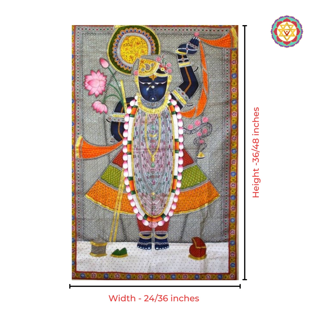 Shrinathji Darshan Pichwai wall painting with intricate traditional motifs for home temple decor