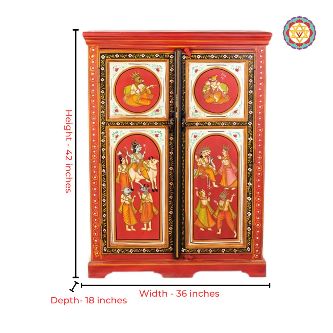 handpainted wooden cabinet with intricate carvings