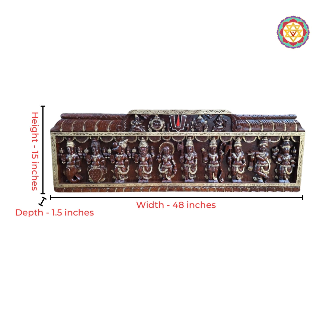 Full view of Lord Vishnu Dashavatars wooden wall decor panel with heritage design