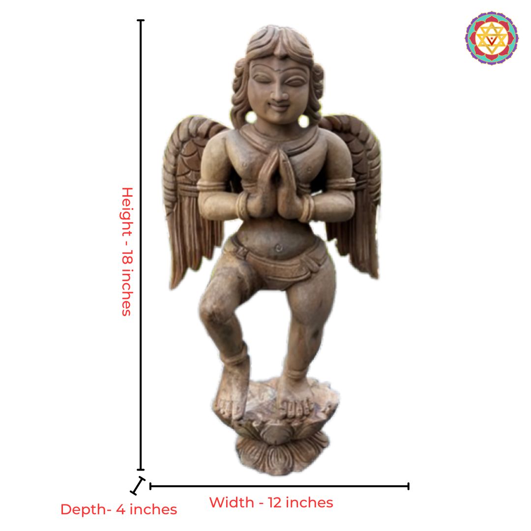Authentic Chettinad wood carving of a Gandharva, symbolizing spiritual positivity and welcome.