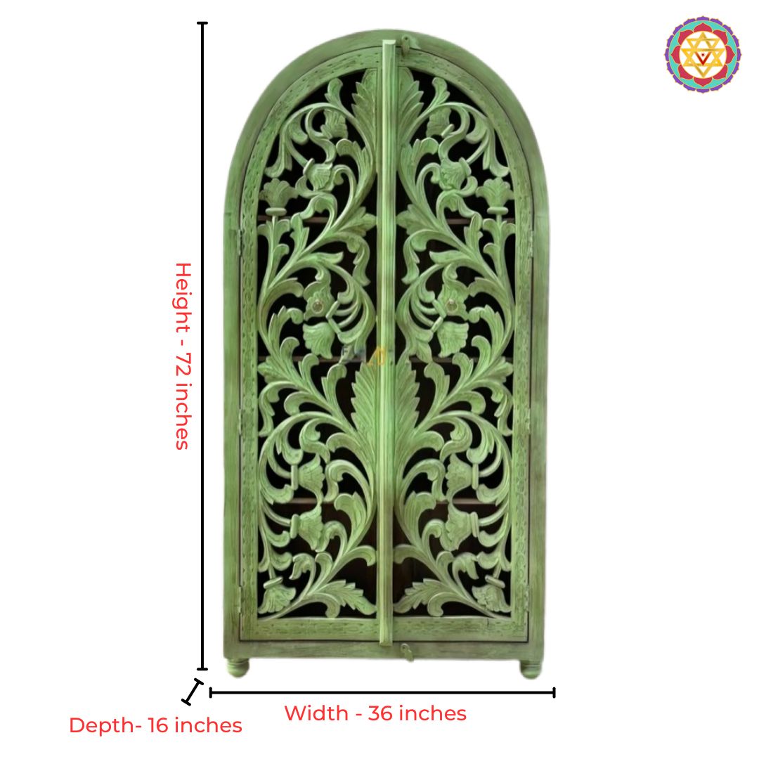 Authentic hand-carved wood storage unit, symbolizing functional charm and boho-modern elegance.