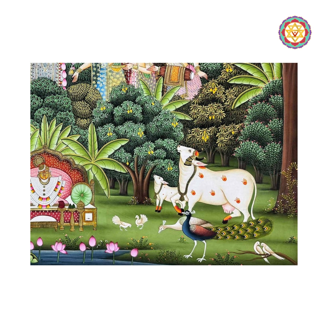 Close-up floral and forest patterns in Shrinathji leela pichwai artwork