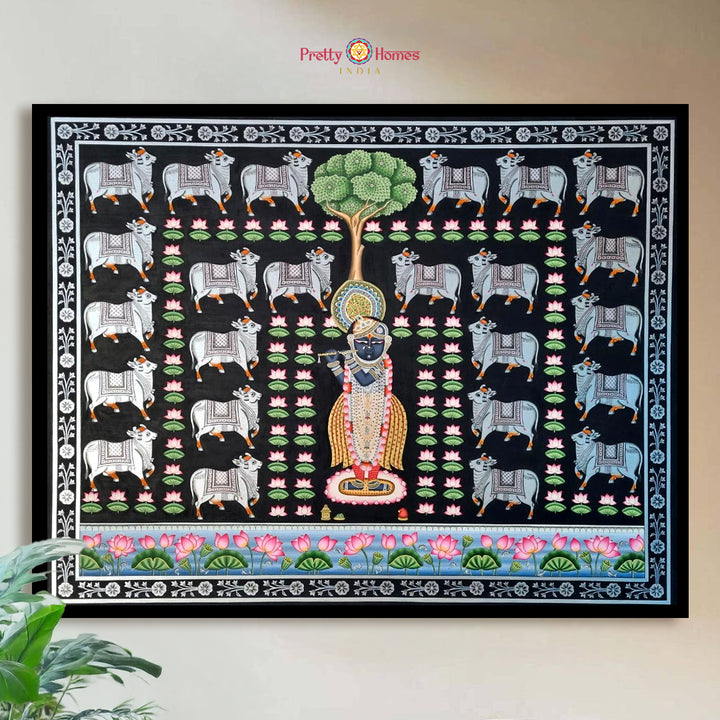 Handpainted Shrinathji Pichwai with cows and lotus border