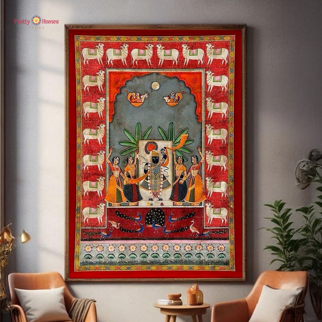 Antique Shrinathji darshan pichwai painting with gopikas in devotional setting
