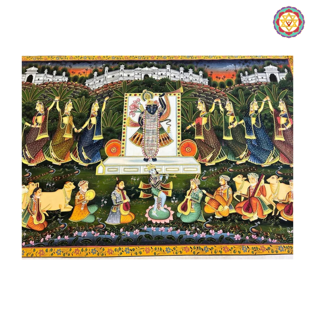 Traditional mural-style Shrinathji pichwai wall art with gopikas and heritage motifs