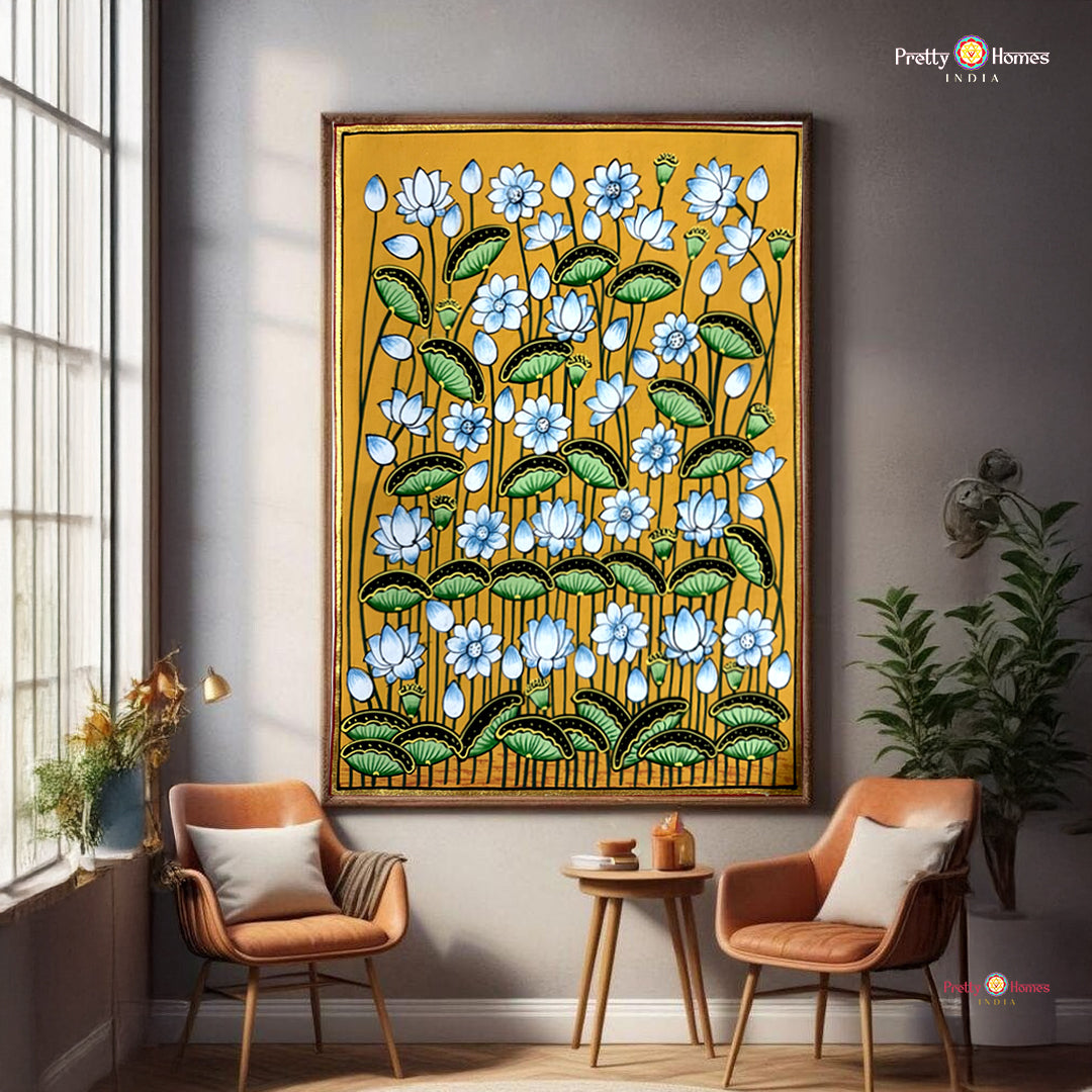 Handpainted Pichwai wall art with aesthetic lotus and leaf motifs traditional Indian decor painting