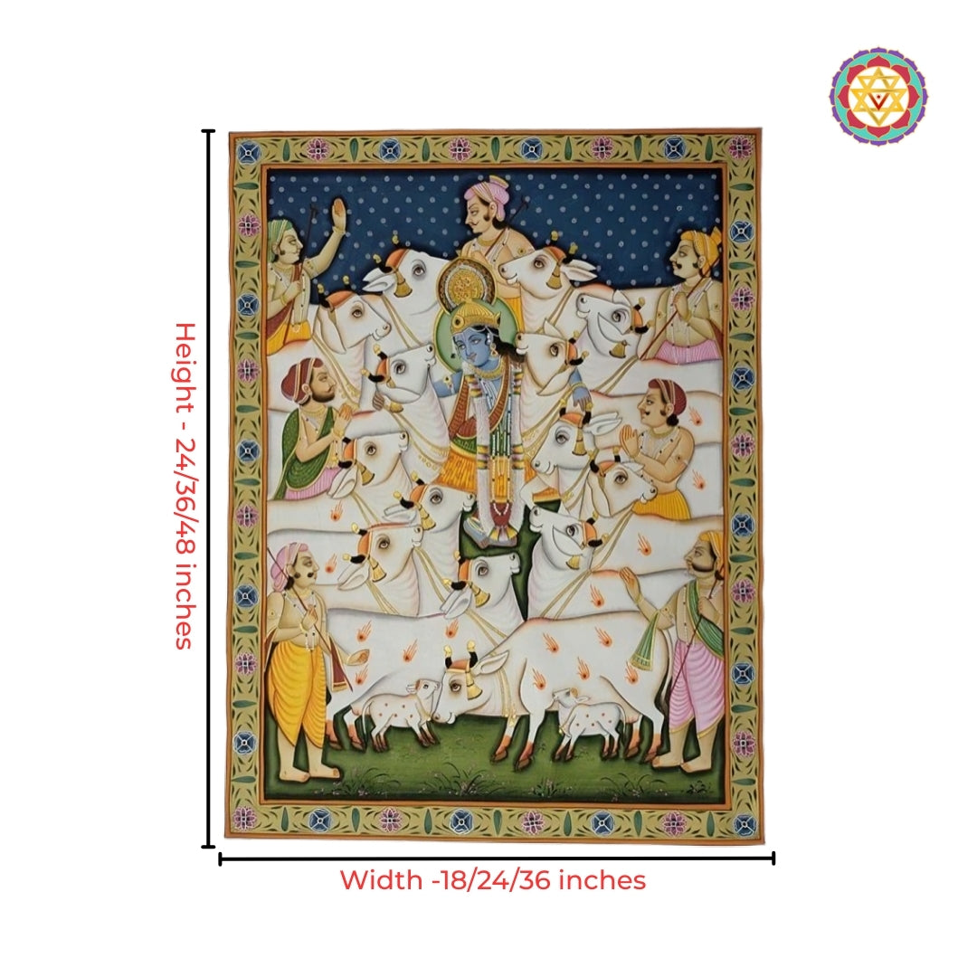 Traditional Pichwai art detailing of Krishna with cowherds