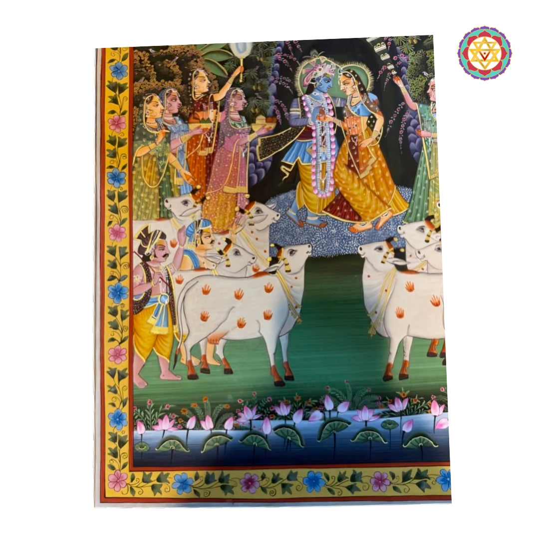 Traditional Pichwai artwork of Krishna and Radha in an elegant devotional scene