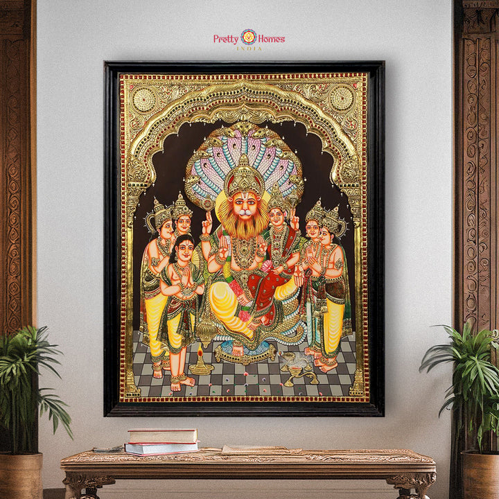 Ganesh Lakshmi Saraswati Tanjore painting with sacred gold embellishments