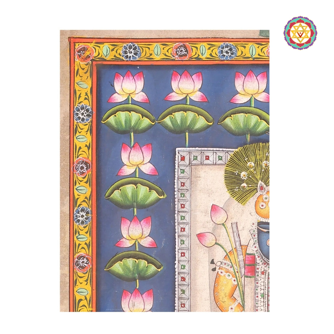 Lotus border detailing in traditional Shrinathji Pichwai art